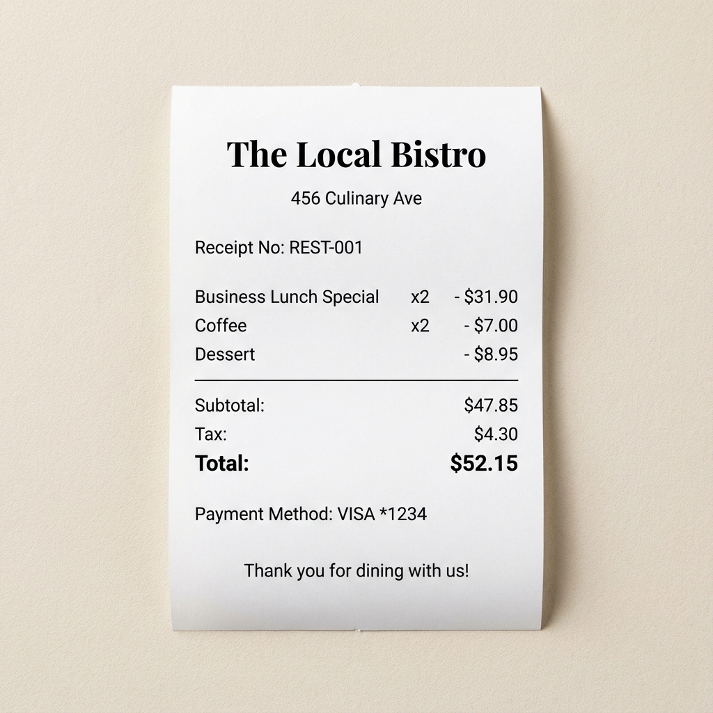 Professional restaurant receipt example with itemized orders
