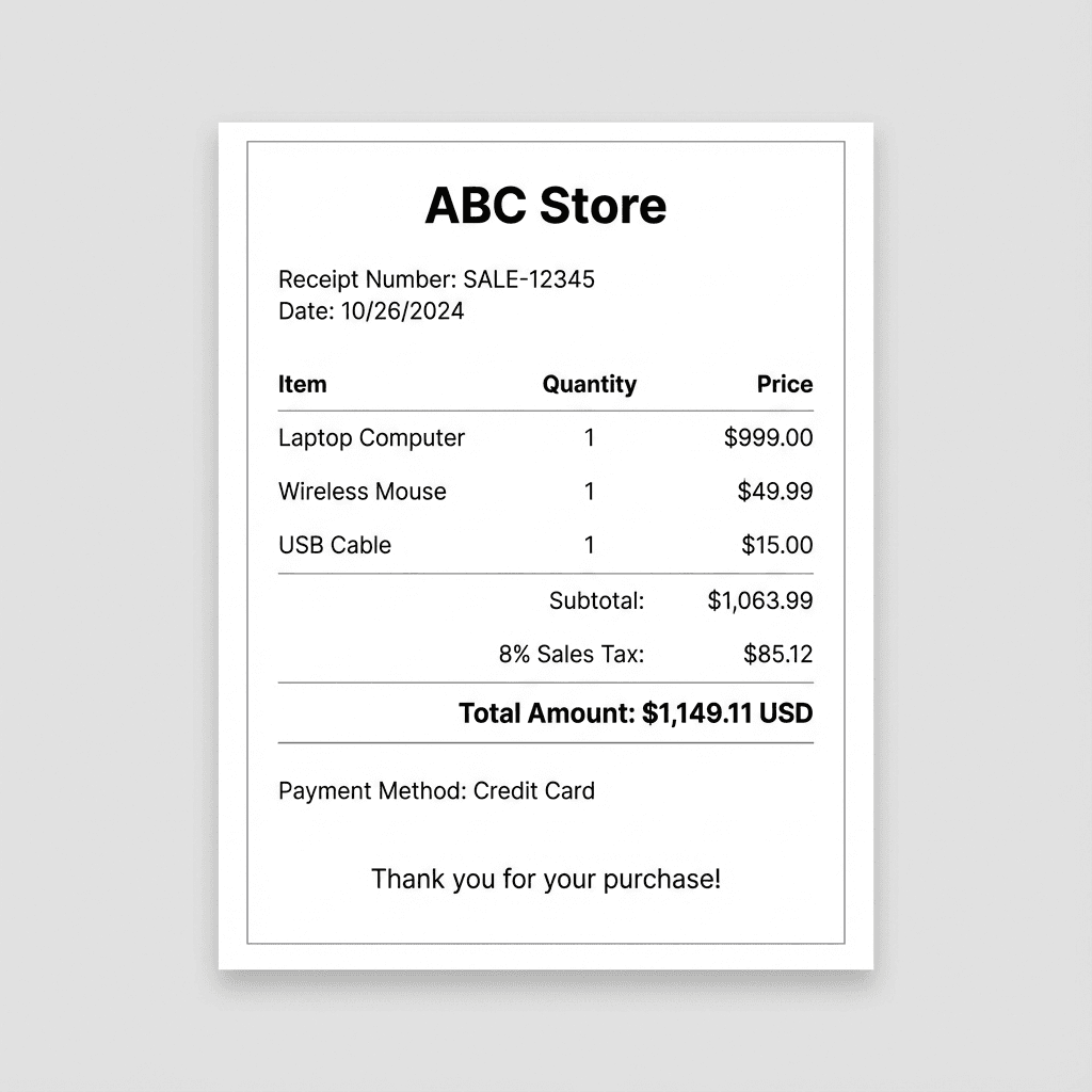 Business sales receipt example - itemized receipt with company logo